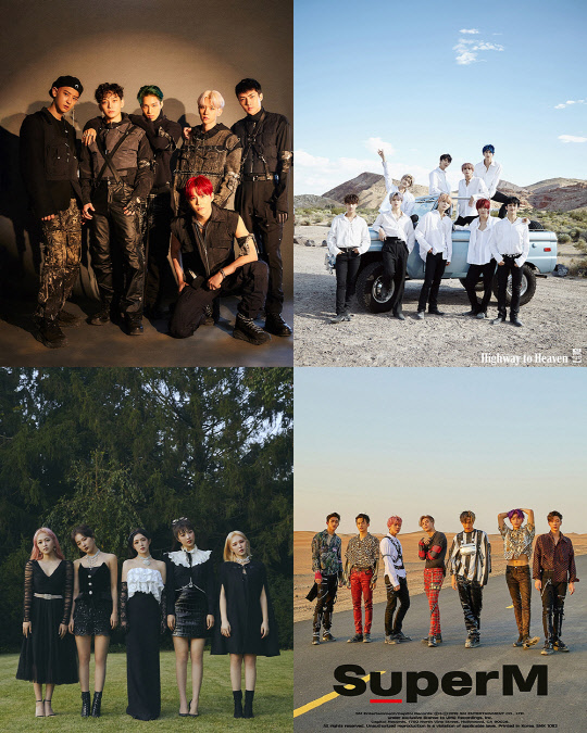 왼쪽부터 시계방향으로 엑소, NCT127, SuperM, 레드벨벳